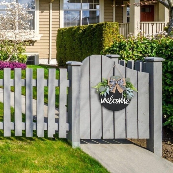 Welcome Wood sign Eucalyptus Farmhouse Wreath Rustic Buffalo Bow Front Porch. - Picture 5 of 9